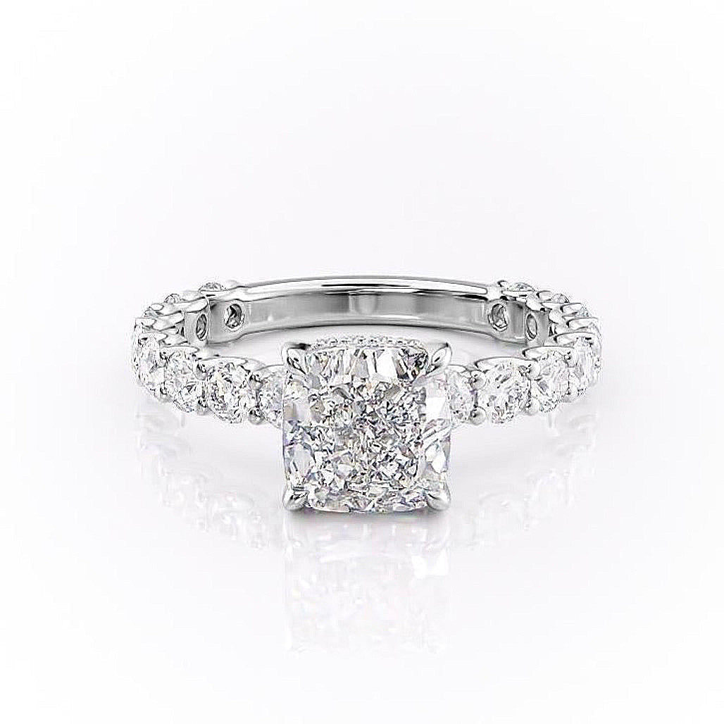 The Celeste — Cushion Lab Diamond Pavé Shoulder Secret Halo Engagement Ring