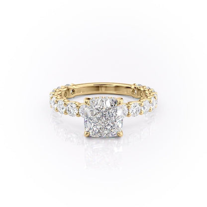 The Celeste — Cushion Lab Diamond Pavé Shoulder Secret Halo Engagement Ring