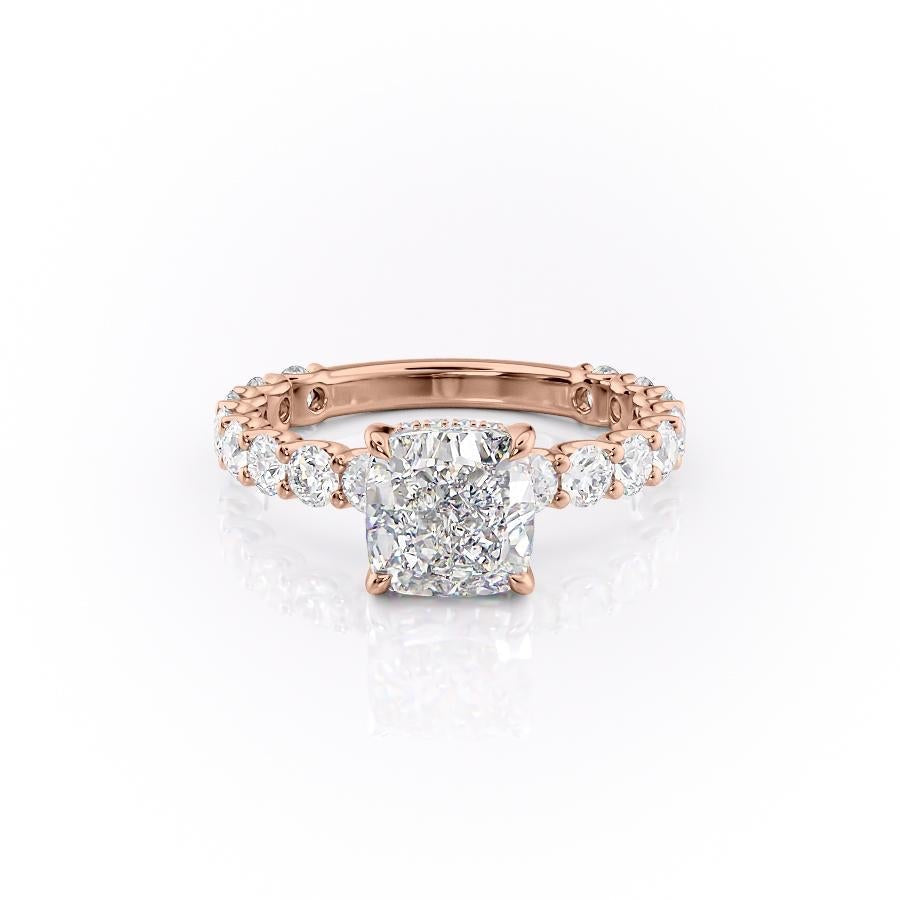 The Celeste — Cushion Lab Diamond Pavé Shoulder Secret Halo Engagement Ring