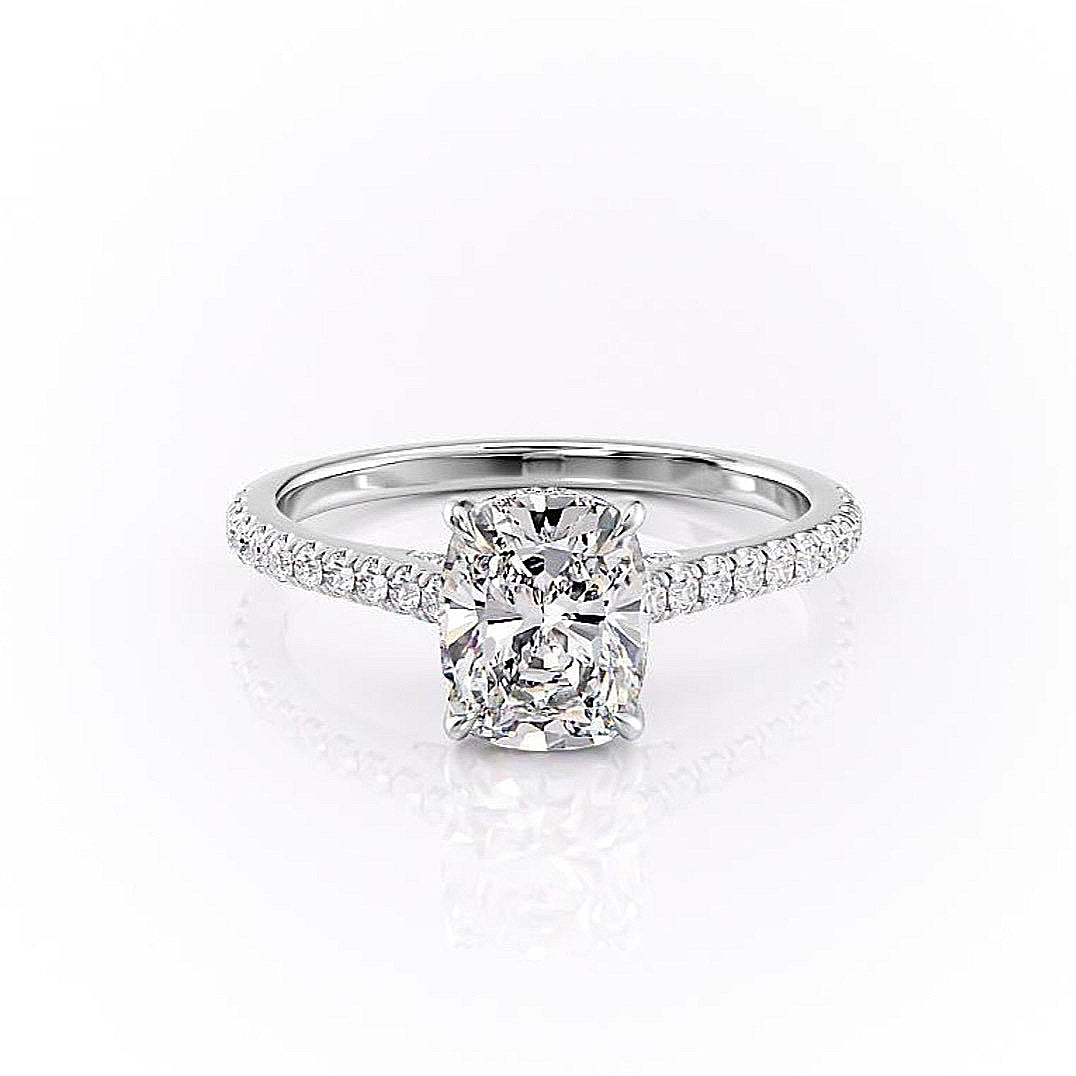 The Luna — Elongated Cushion Lab Diamond Pavé Shoulder Secret Halo Ring V