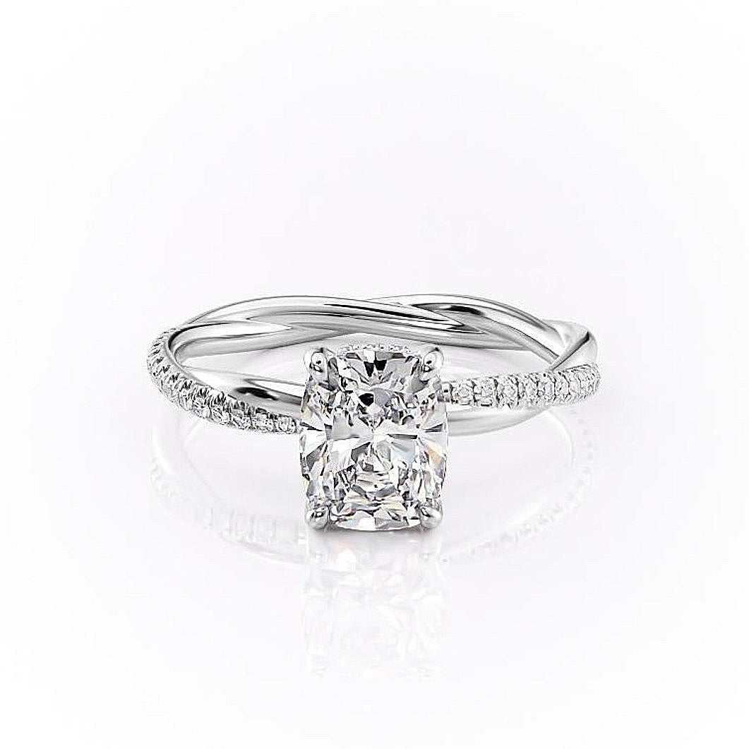 The Luna — Elongated Cushion Lab Diamond Twisted Band Secret Halo Ring