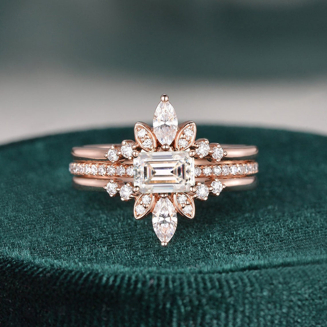 The Violet Set — Emerald Lab Diamond 3-Piece Bridal Wedding Ring Set
