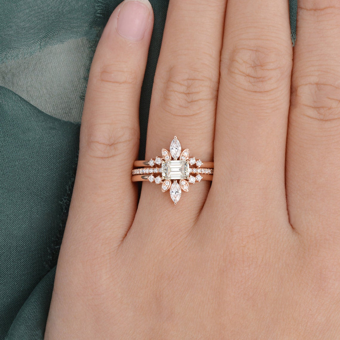 The Violet Set — Emerald Lab Diamond 3-Piece Bridal Wedding Ring Set