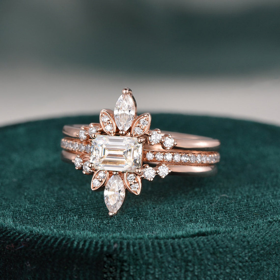 The Violet Set — Emerald Lab Diamond 3-Piece Bridal Wedding Ring Set