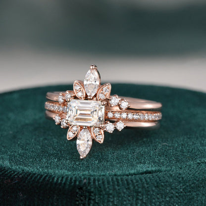 The Violet Set — Emerald Lab Diamond 3-Piece Bridal Wedding Ring Set