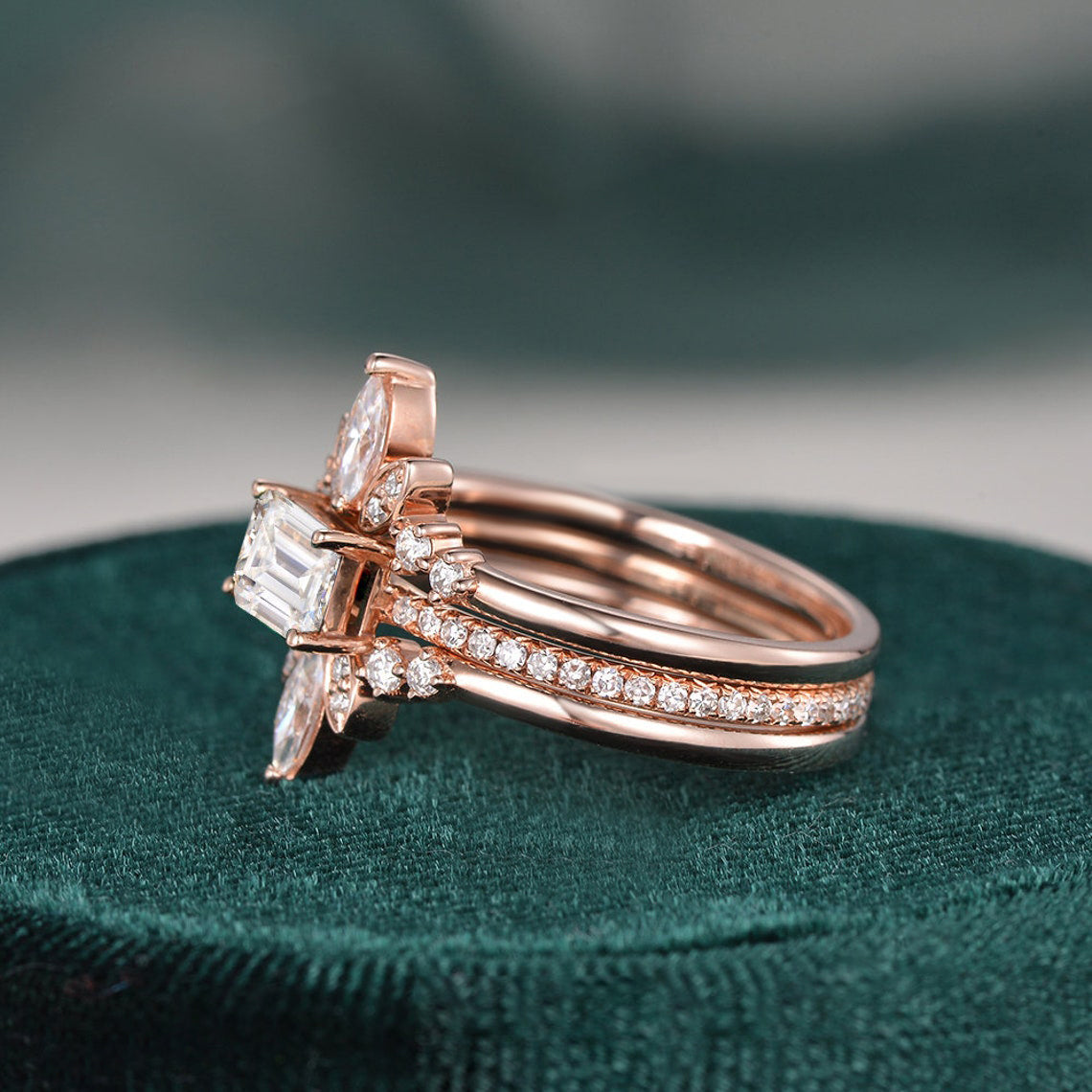 The Violet Set — Emerald Lab Diamond 3-Piece Bridal Wedding Ring Set