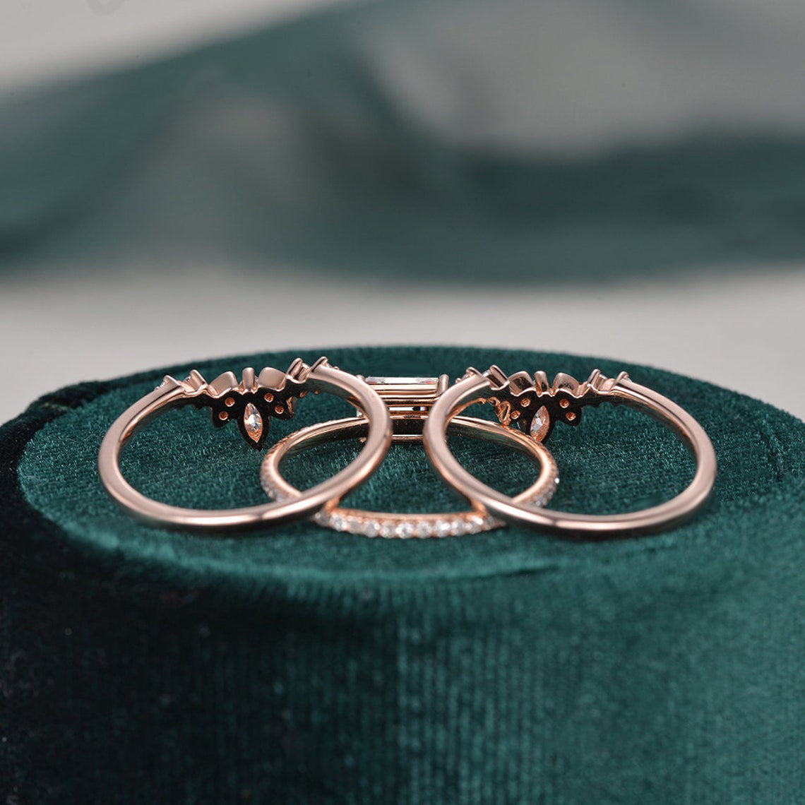 The Violet Set — Emerald Lab Diamond 3-Piece Bridal Wedding Ring Set