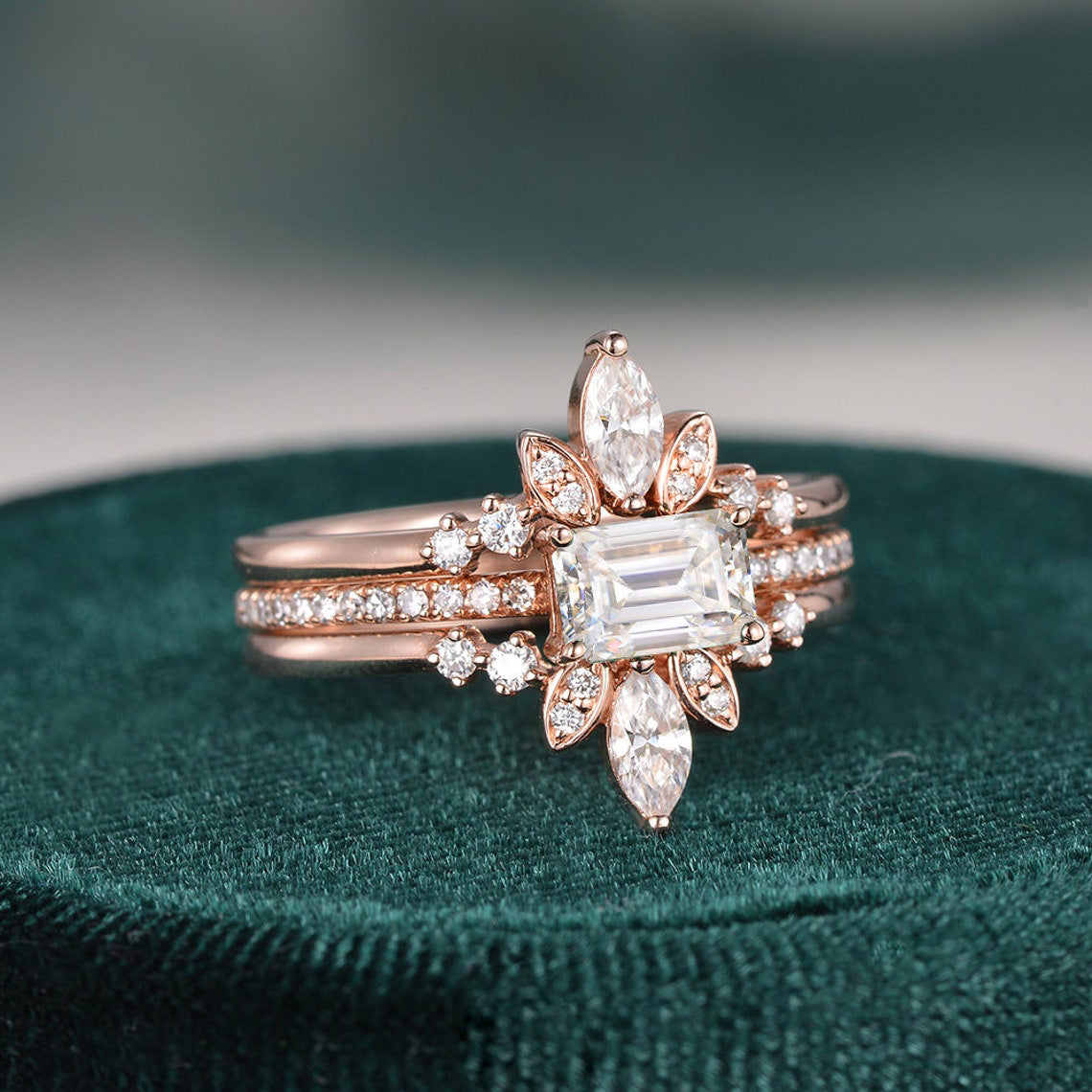 The Violet Set — Emerald Lab Diamond 3-Piece Bridal Wedding Ring Set