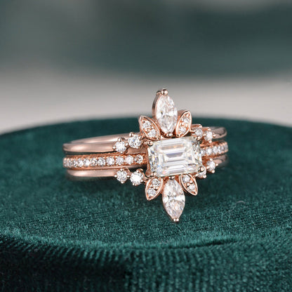 The Violet Set — Emerald Lab Diamond 3-Piece Bridal Wedding Ring Set