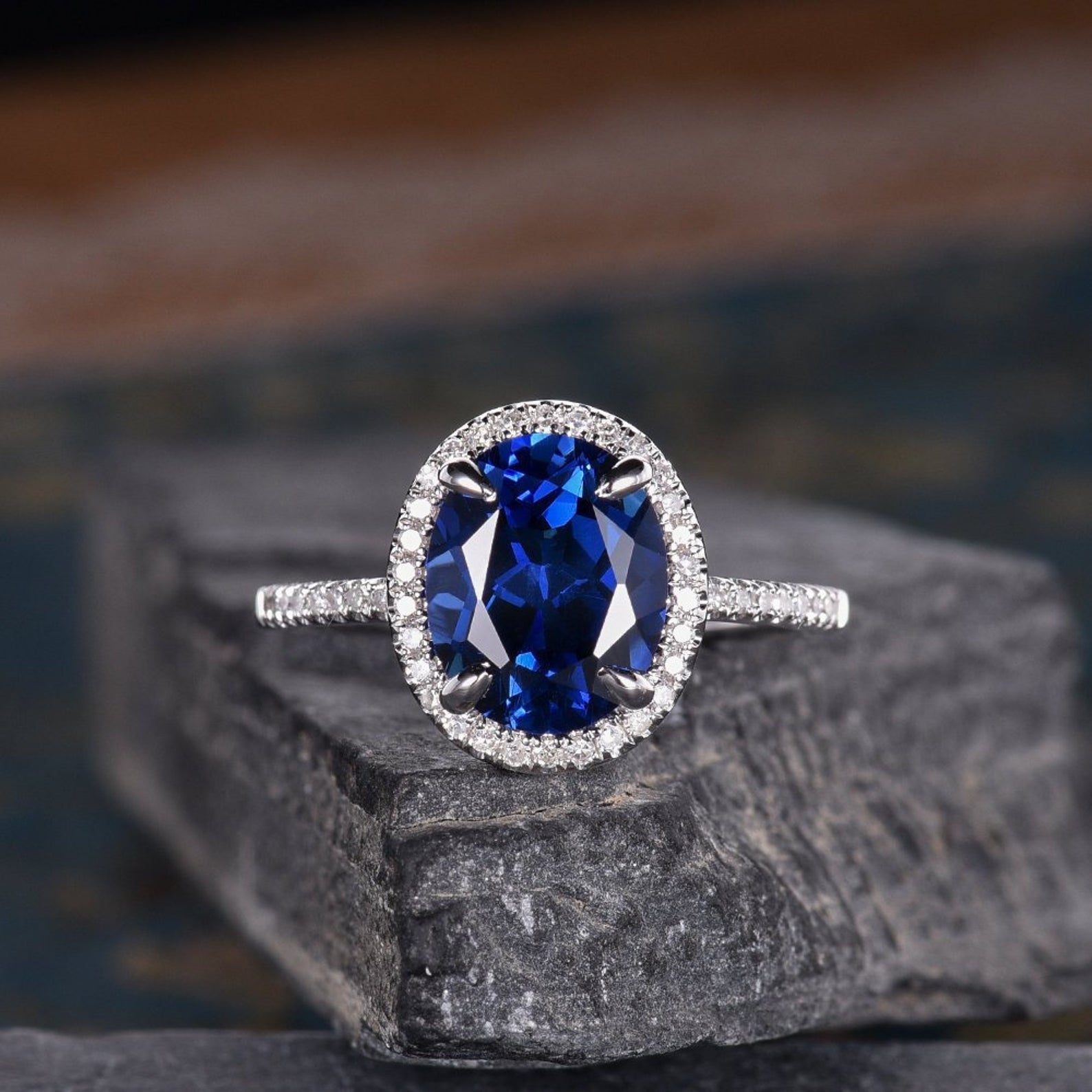 The Isla — Oval Lab Blue Sapphire Halo Ring