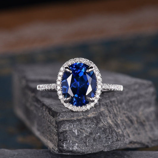 The Isla — Oval Lab Blue Sapphire Halo Ring