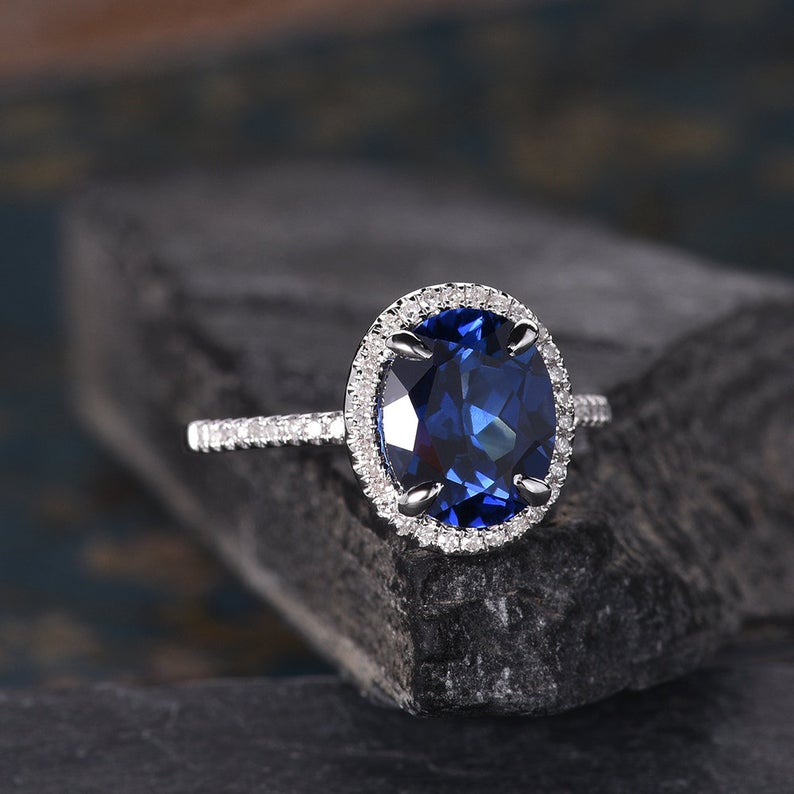 The Isla — Oval Lab Blue Sapphire Halo Ring