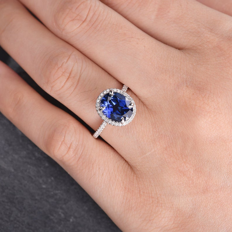 The Isla — Oval Lab Blue Sapphire Halo Ring