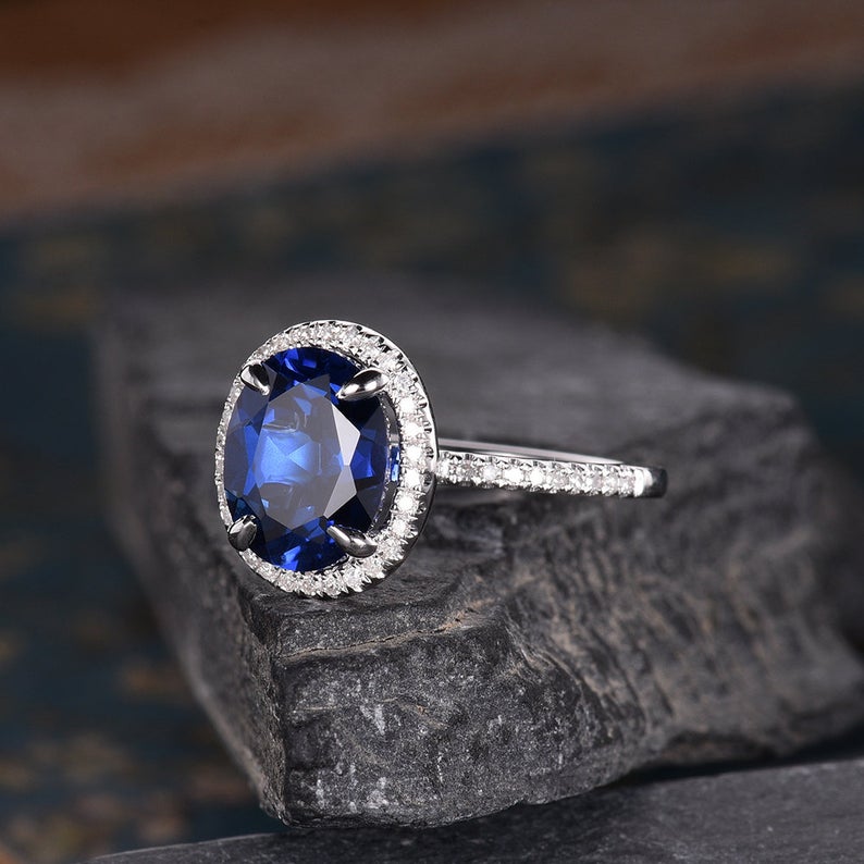 The Isla — Oval Lab Blue Sapphire Halo Ring