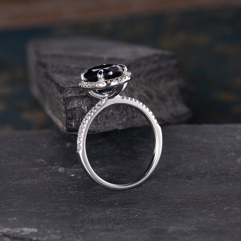 The Isla — Oval Lab Blue Sapphire Halo Ring