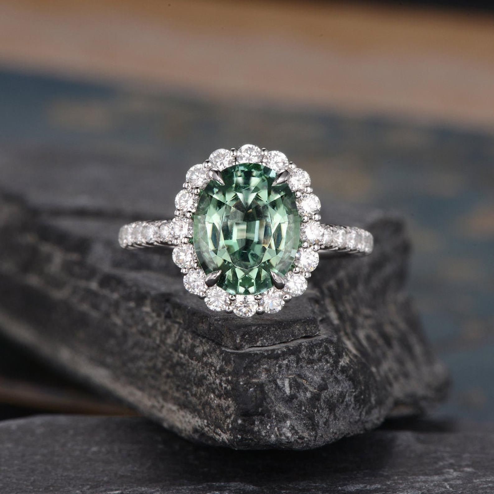 The Juliet — Oval Green Tourmaline Halo Ring