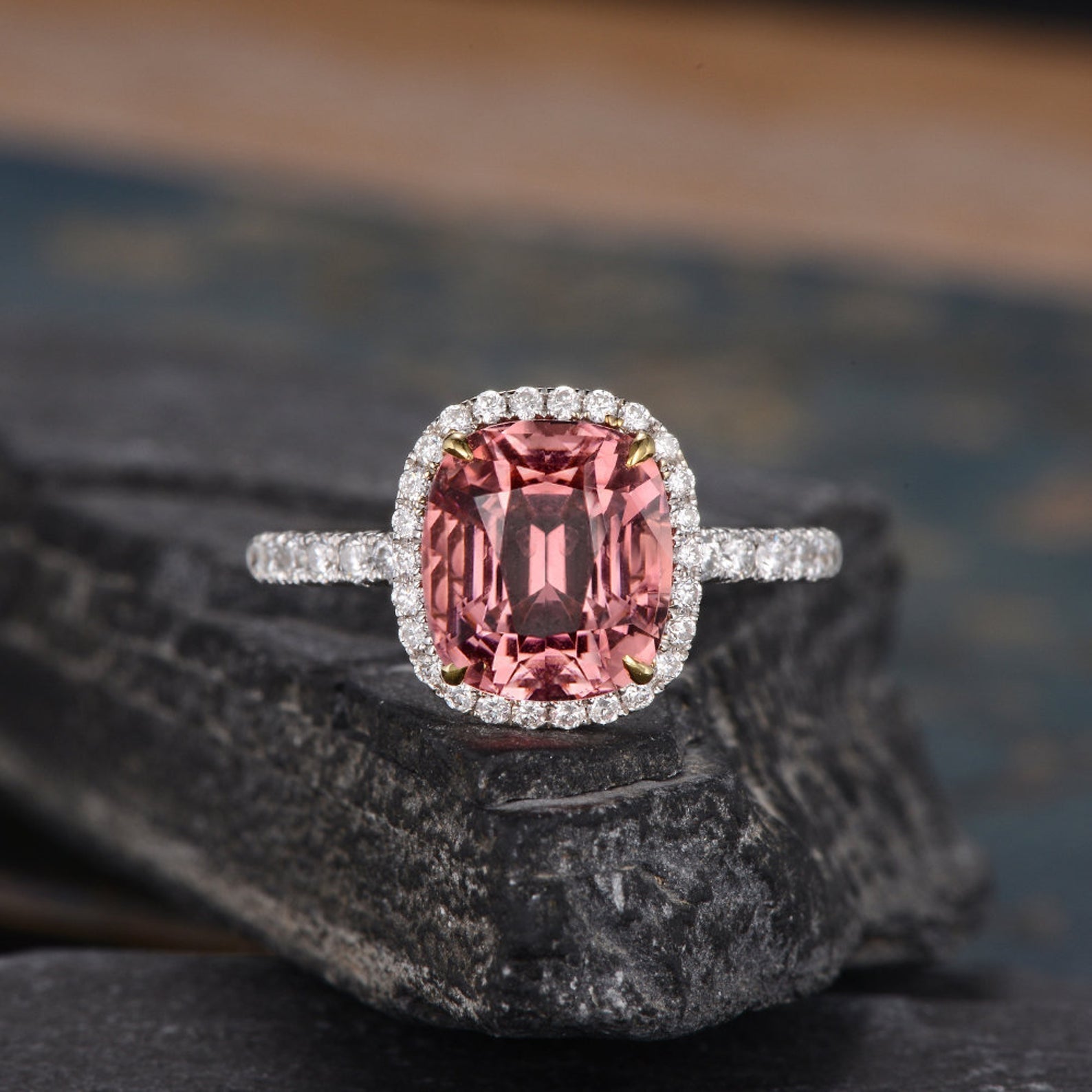 The Juliet — Cushion Red Tourmaline Halo Ring