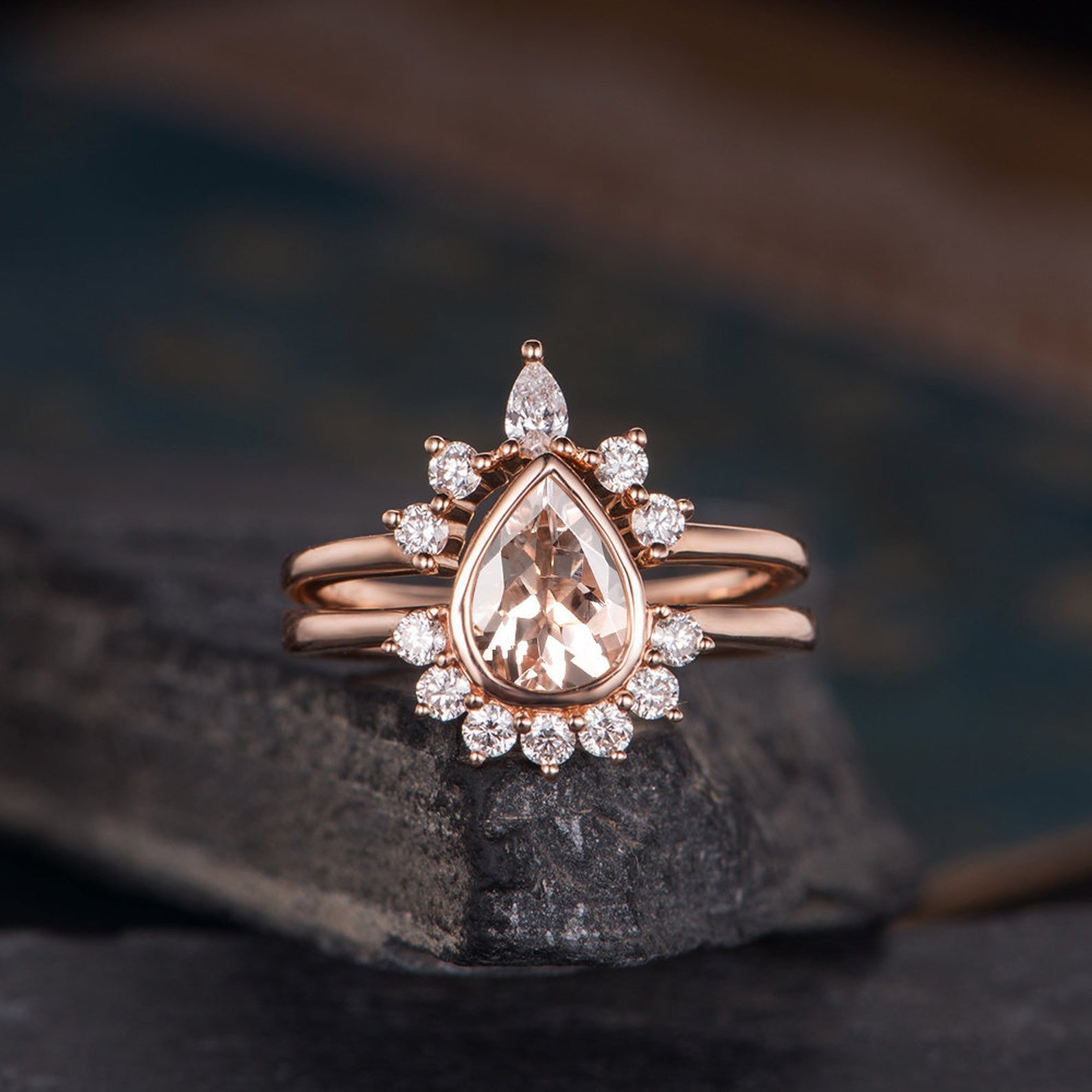 The Rose Set — Pear Morganite Solitaire Bridal Ring Set
