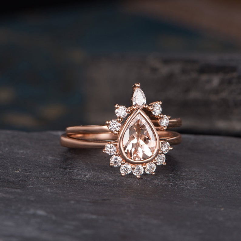 The Rose Set — Pear Morganite Solitaire Bridal Ring Set