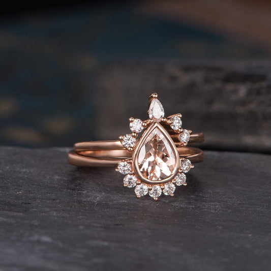 The Rose Set — Pear Morganite Solitaire Bridal Ring Set