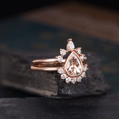 The Rose Set — Pear Morganite Solitaire Bridal Ring Set
