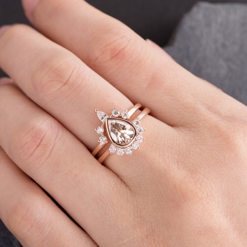 The Rose Set — Pear Morganite Solitaire Bridal Ring Set
