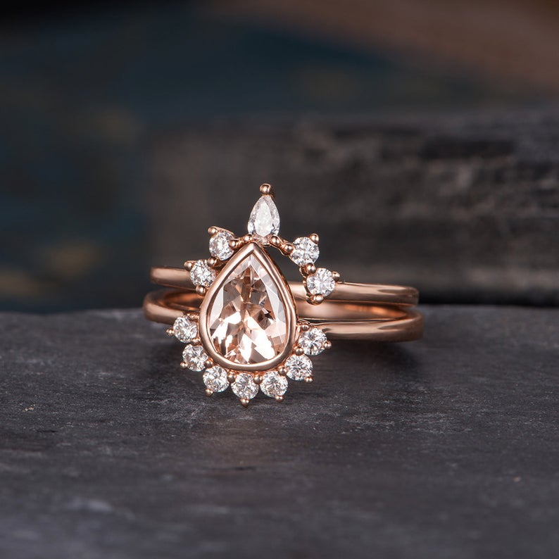 The Rose Set — Pear Morganite Solitaire Bridal Ring Set