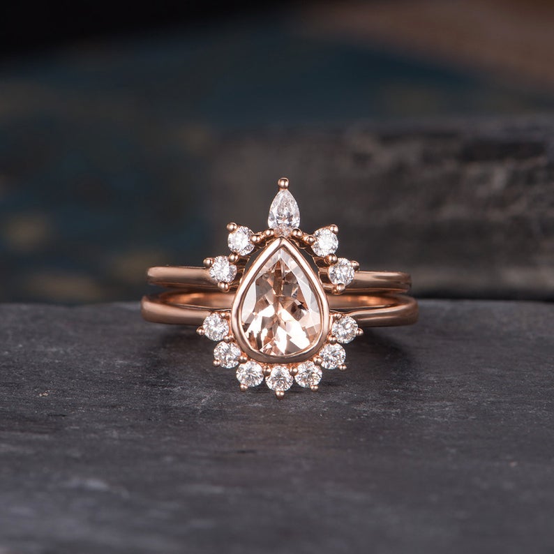 The Rose Set — Pear Morganite Solitaire Bridal Ring Set