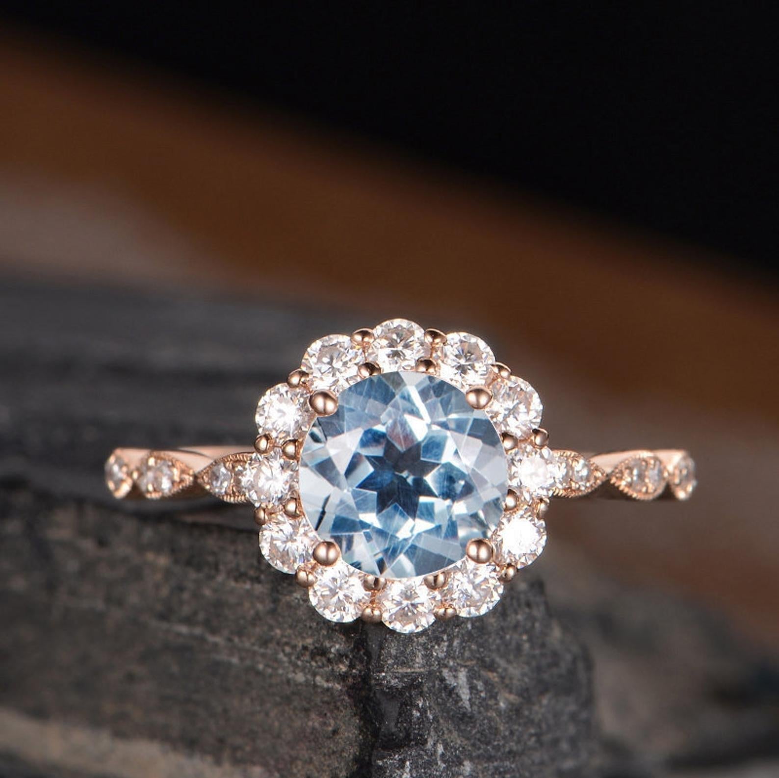 The Aria — Round Aquamarine Vintage Halo Ring
