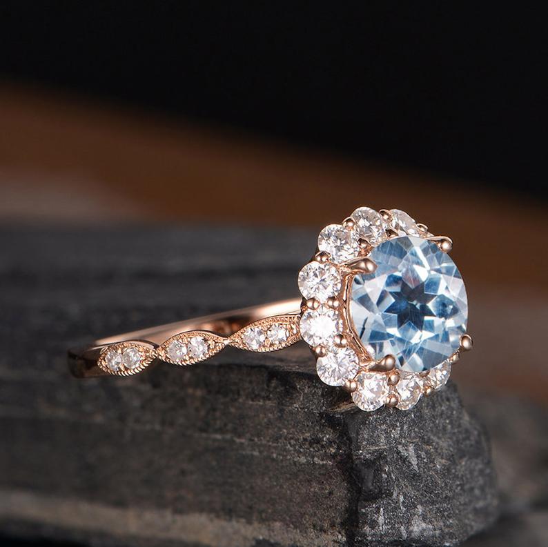 The Aria — Round Aquamarine Vintage Halo Ring