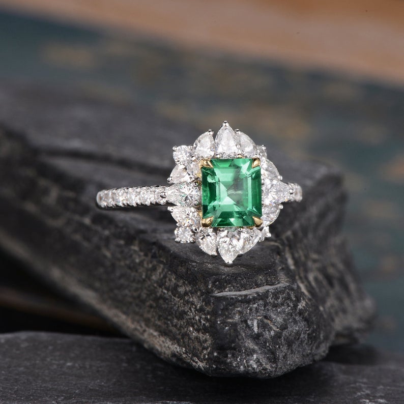 The Juliet — Emerald Lab Emerald & Lab Diamond Vintage Ring