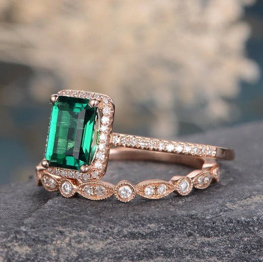 The Grace Set — Emerald Lab Emerald & Lab Diamond Bridal Ring Set II