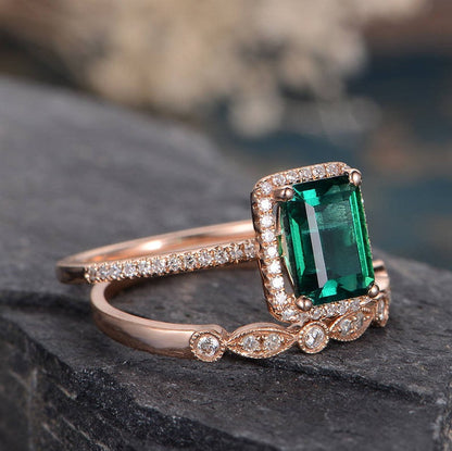 The Grace Set — Emerald Lab Emerald & Lab Diamond Bridal Ring Set II