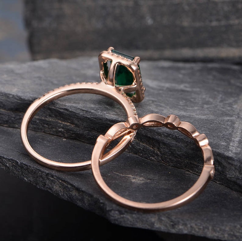 The Grace Set — Emerald Lab Emerald & Lab Diamond Bridal Ring Set II