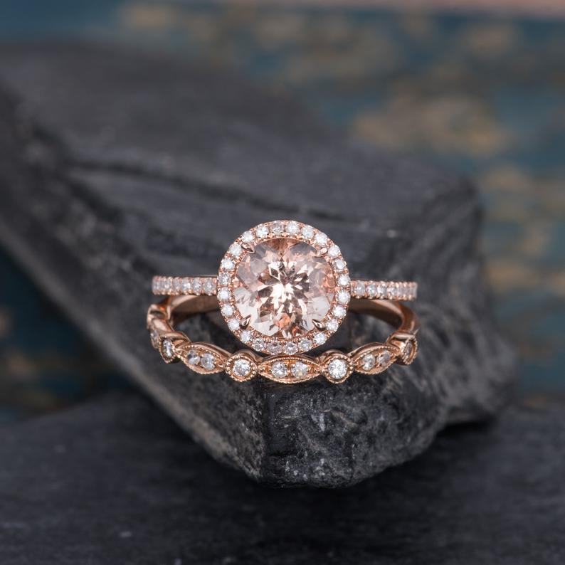 The Rose Set — Round Morganite & Lab Diamond Solitaire Bridal Ring Set