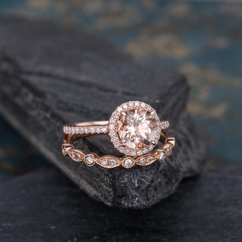 The Rose Set — Round Morganite & Lab Diamond Solitaire Bridal Ring Set