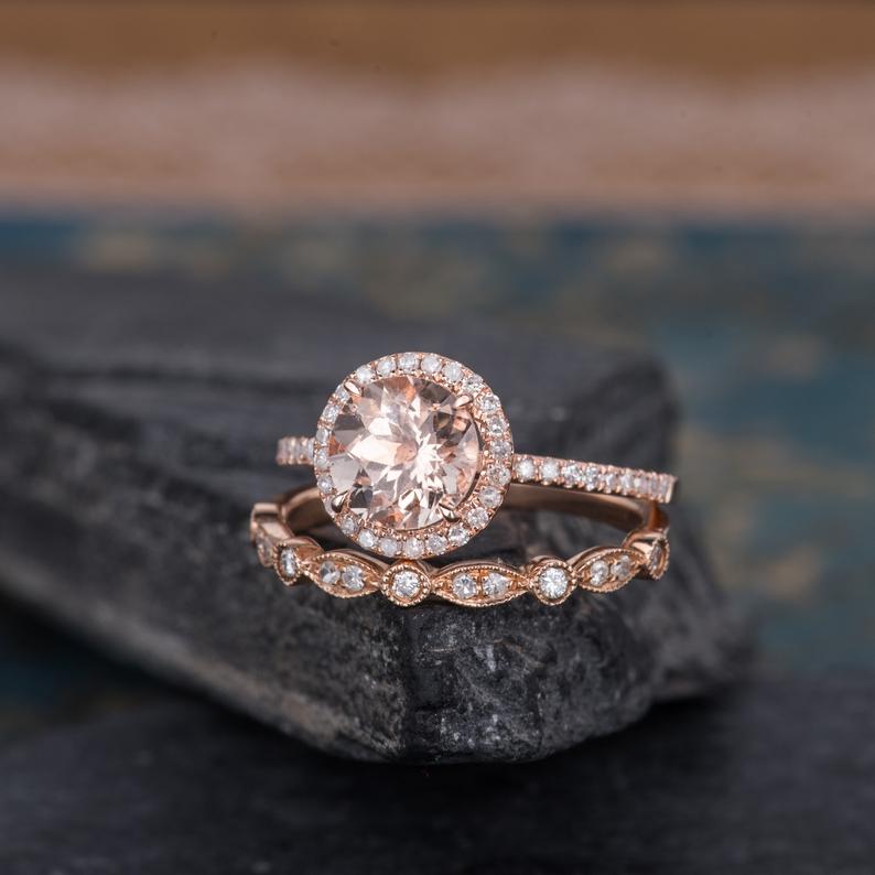 The Rose Set — Round Morganite & Lab Diamond Solitaire Bridal Ring Set
