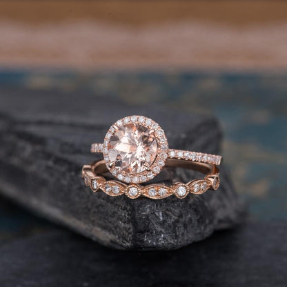 The Rose Set — Round Morganite & Lab Diamond Solitaire Bridal Ring Set