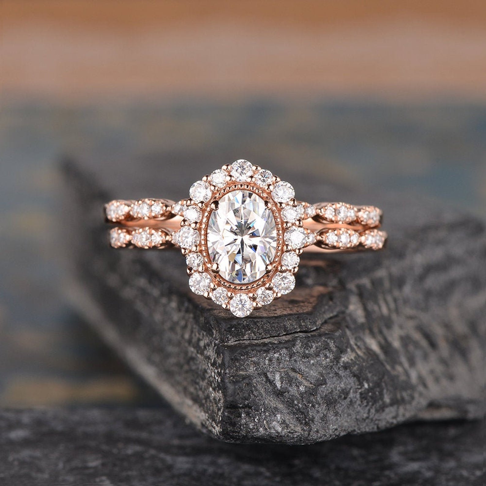 The Grace Set — Oval Lab Diamond Vintage Bridal Ring Set