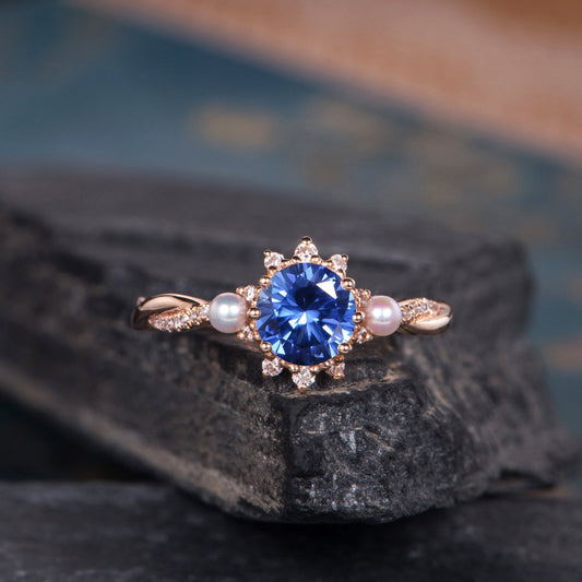 The Isla — Round Lab Sapphire & Pearl Halo Ring