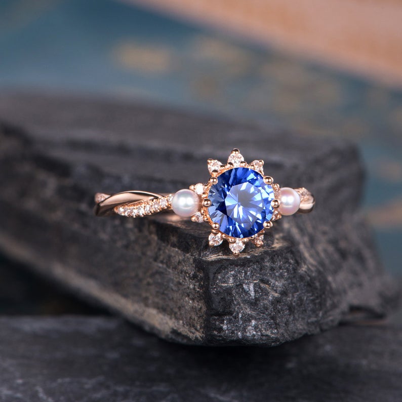 The Isla — Round Lab Sapphire & Pearl Halo Ring