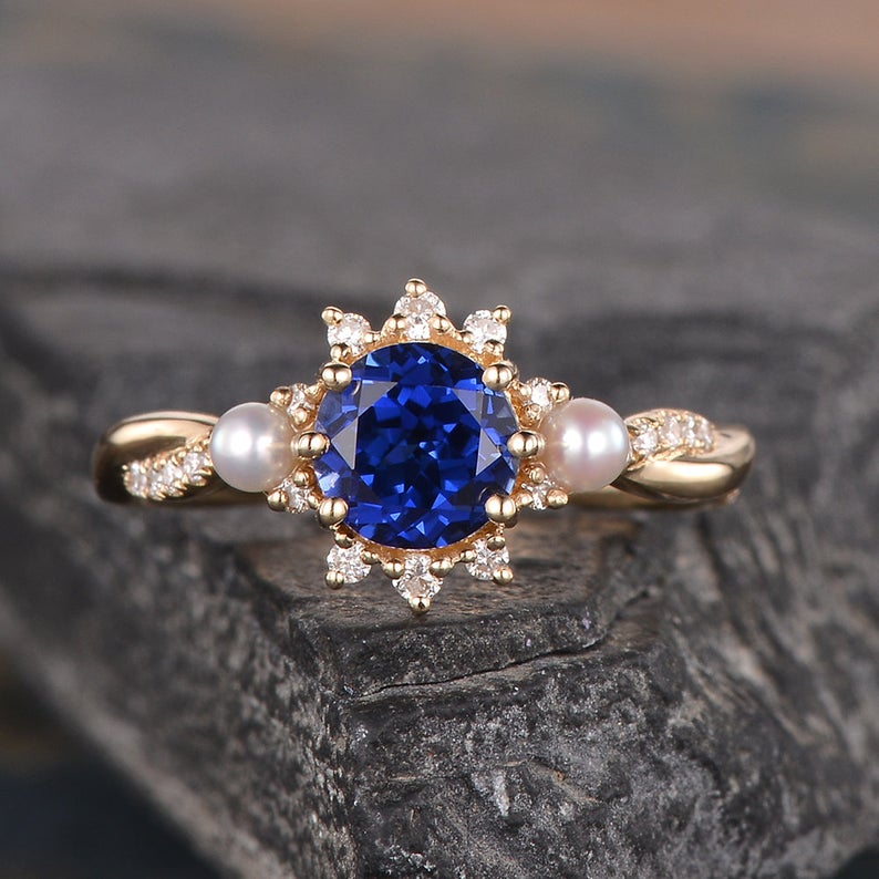 The Isla — Round Lab Sapphire & Pearl Halo Ring
