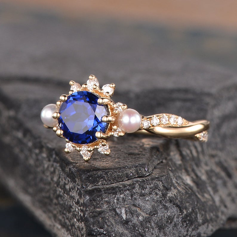 The Isla — Round Lab Sapphire & Pearl Halo Ring