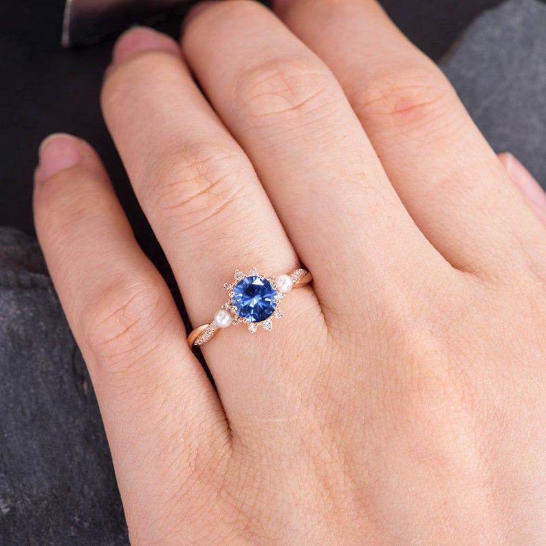 The Isla — Round Lab Sapphire & Pearl Halo Ring