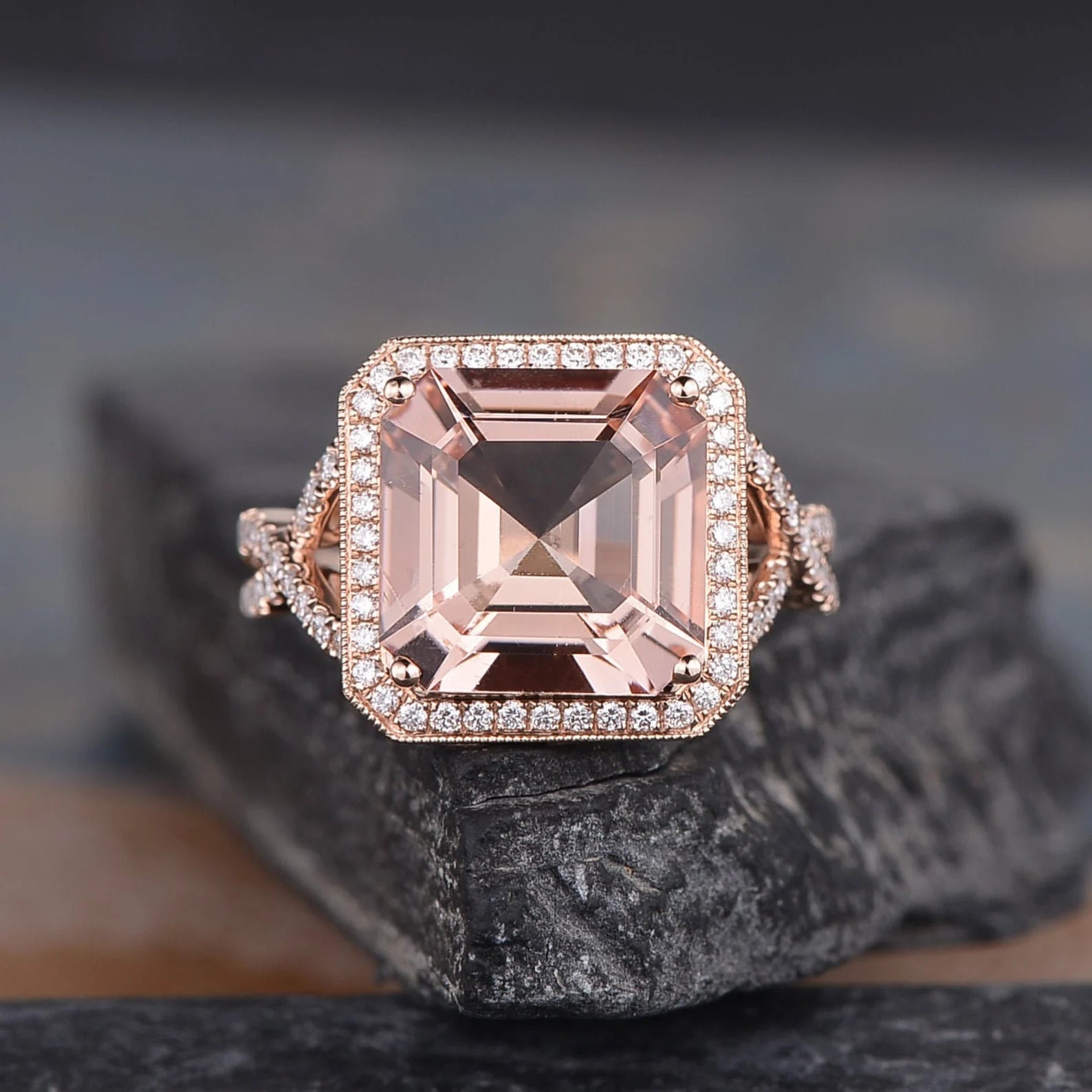 The Rose — Asscher Morganite Halo Ring