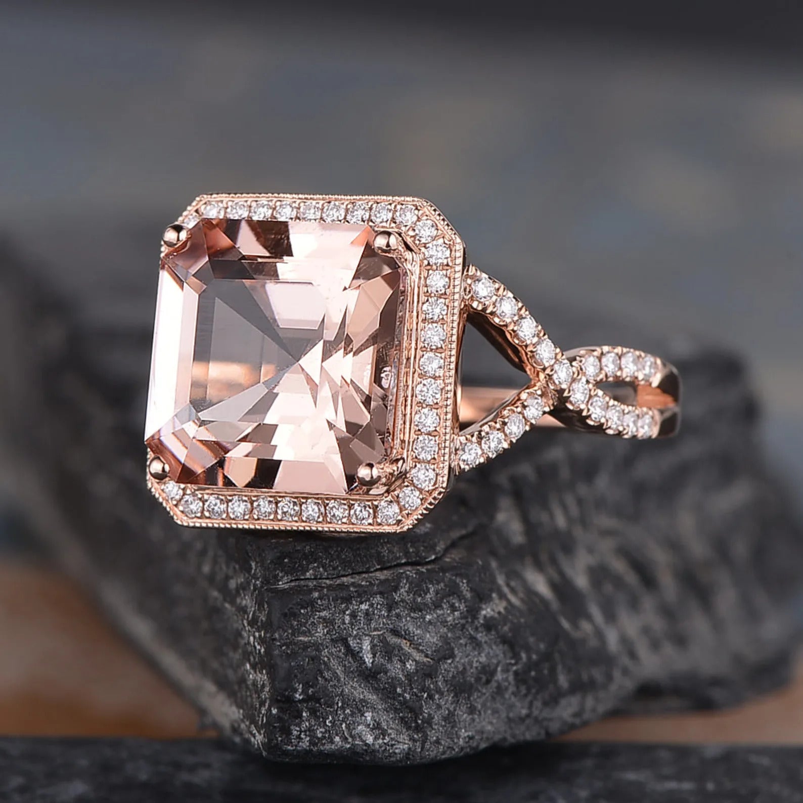The Rose — Asscher Morganite Halo Ring