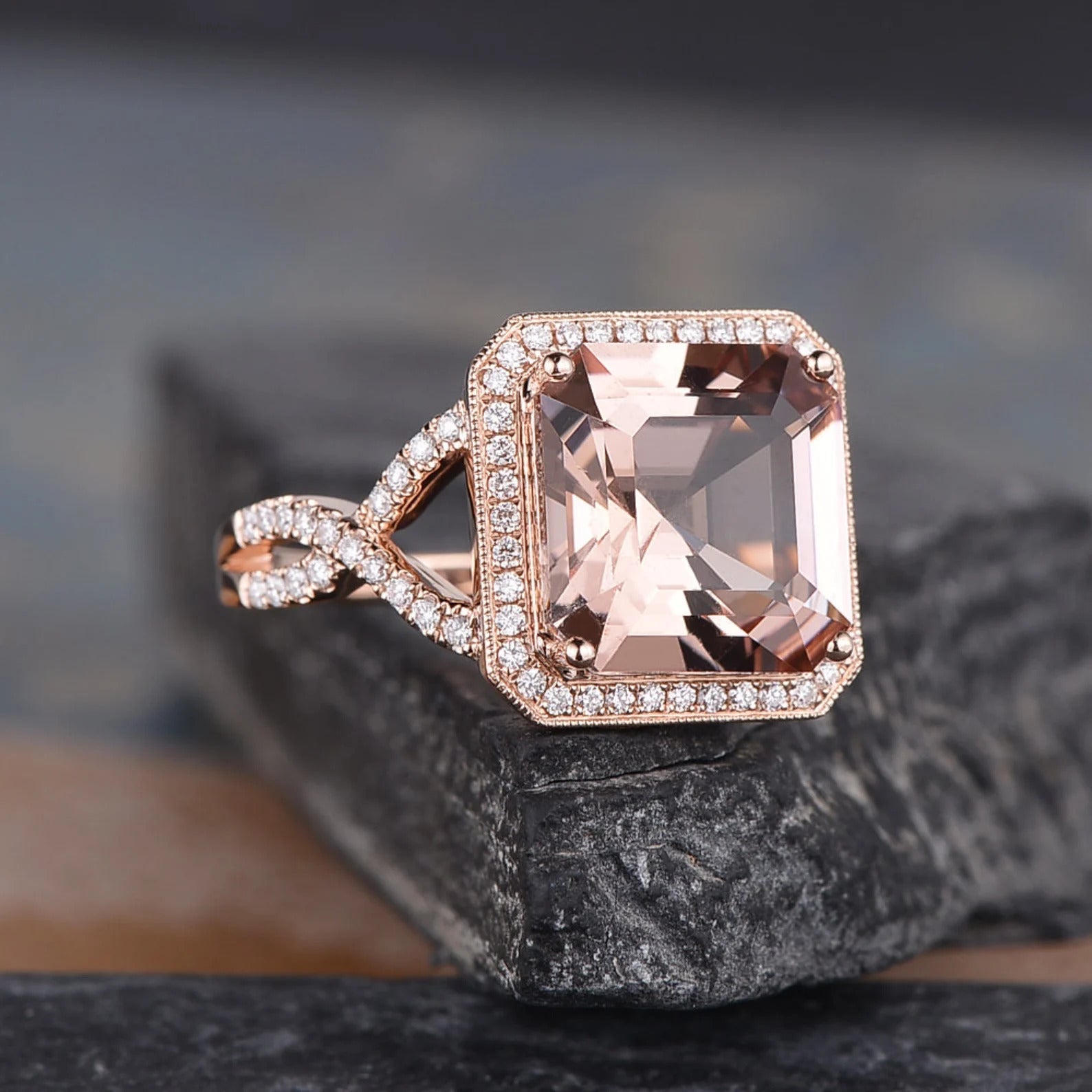 The Rose — Asscher Morganite Halo Ring