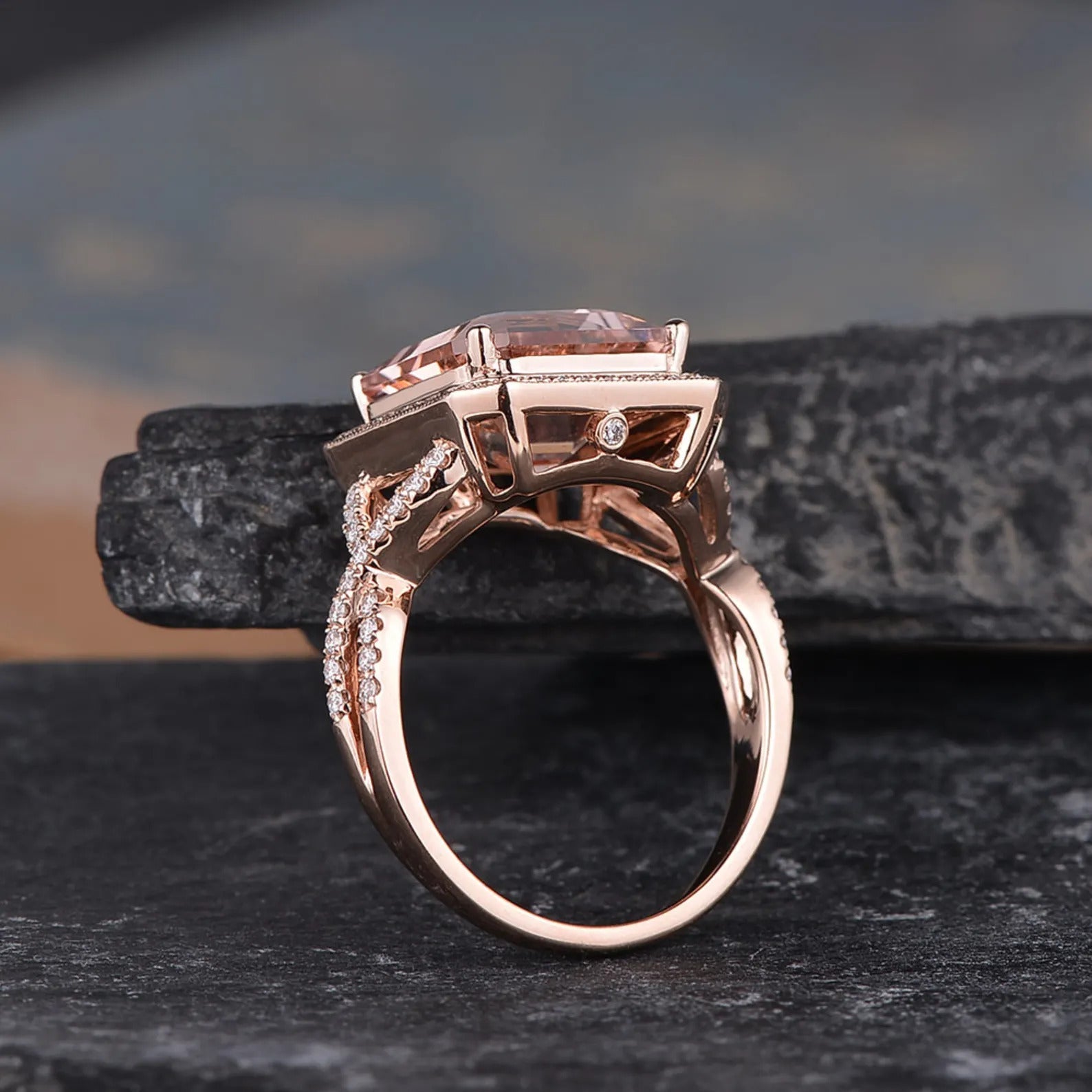 The Rose — Asscher Morganite Halo Ring