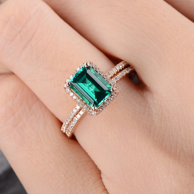 The Grace Set — Emerald Lab Emerald & Lab Diamond Bridal Ring Set