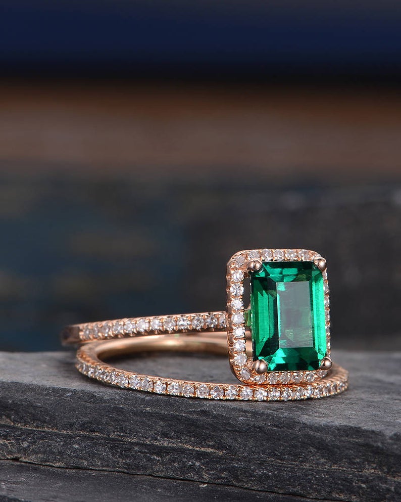 The Grace Set — Emerald Lab Emerald & Lab Diamond Bridal Ring Set